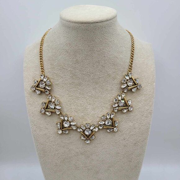 J Crew Clear Crystal Gold Tone V Cluster Statement Necklace - Picture 9 of 9
